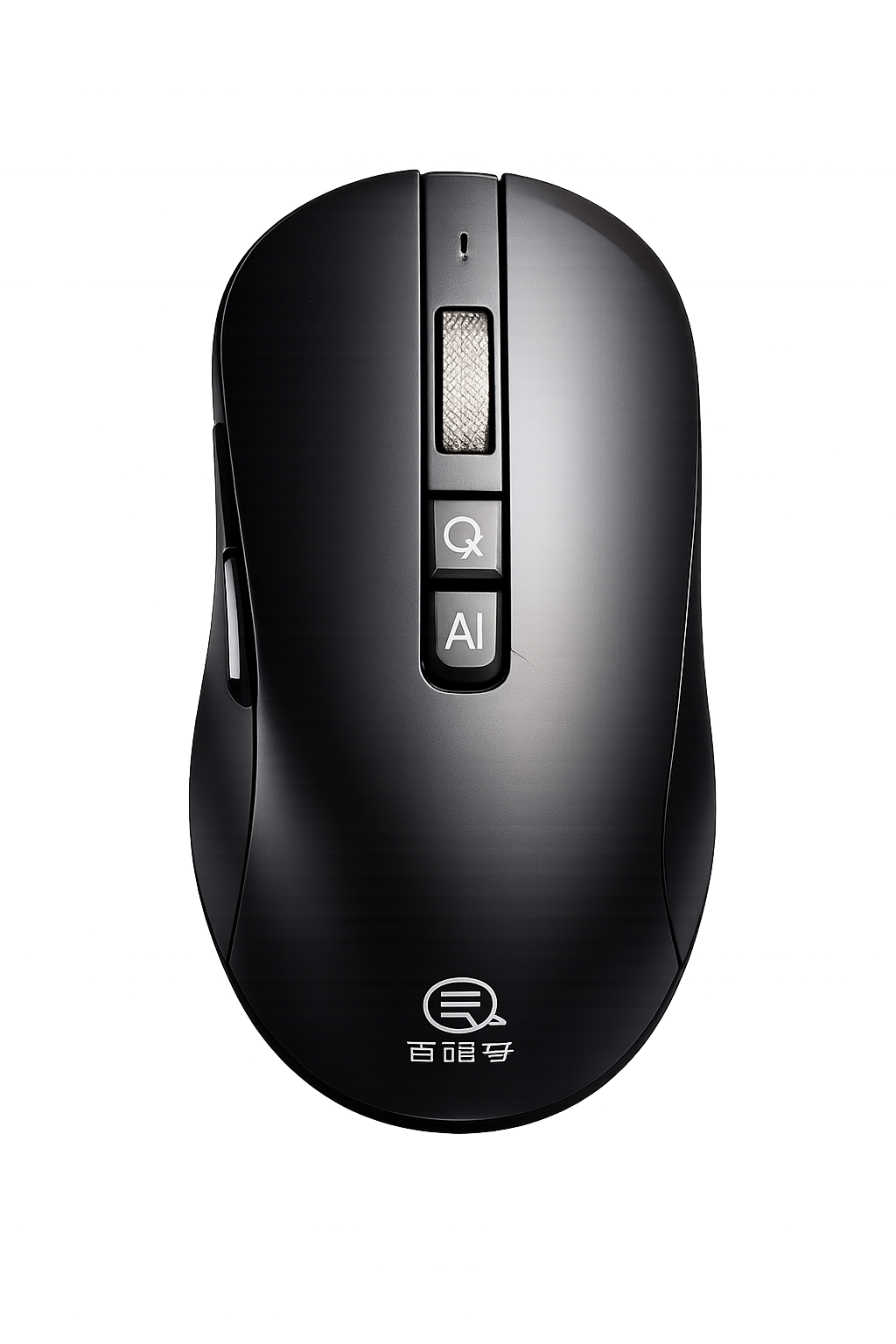 Black computer mouse with Q and AI buttons on a white background