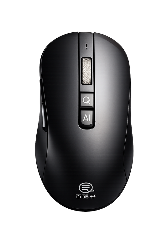 Black computer mouse with Q and AI buttons on a white background