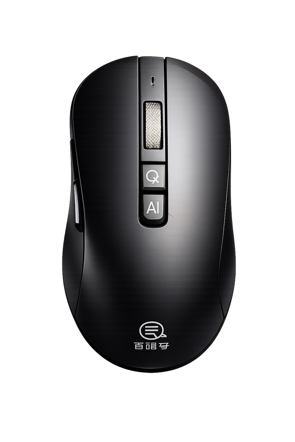 Black computer mouse with Q and AI buttons on a white background