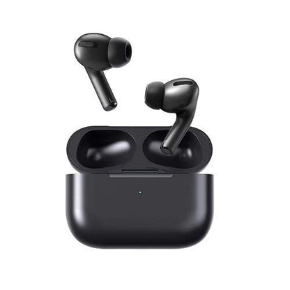 Black wireless earbuds with charging case on a white background