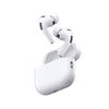 White wireless earbuds with charging case on a white background