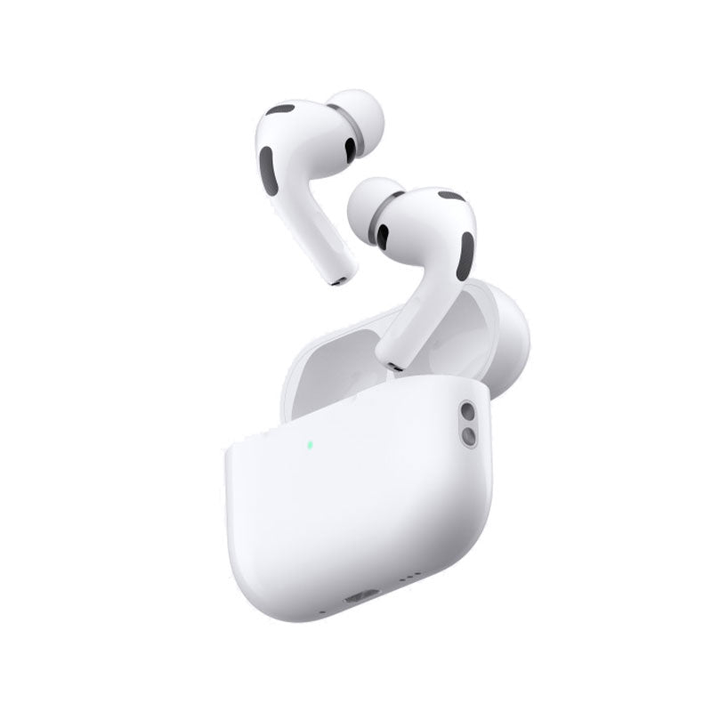 White wireless earbuds with charging case on a white background